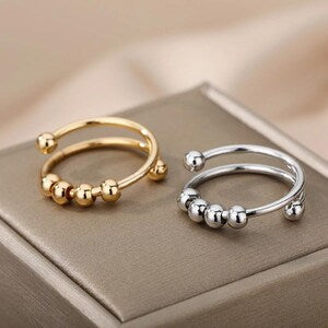 18K Rose Gold, Silver, Gold PVD Plated Stainless Steel Fidget Beads Adjustable Women Anxiety Ring Jewelry