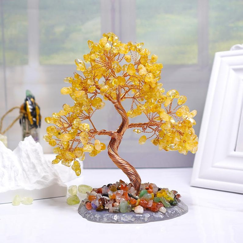 Citrine Crystal Tree on Agate Base: Gemstone Bonsai, Healing Crystals, 6.3"