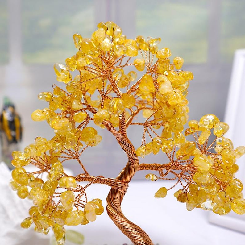 Citrine Crystal Tree on Agate Base: Gemstone Bonsai, Healing Crystals, 6.3"