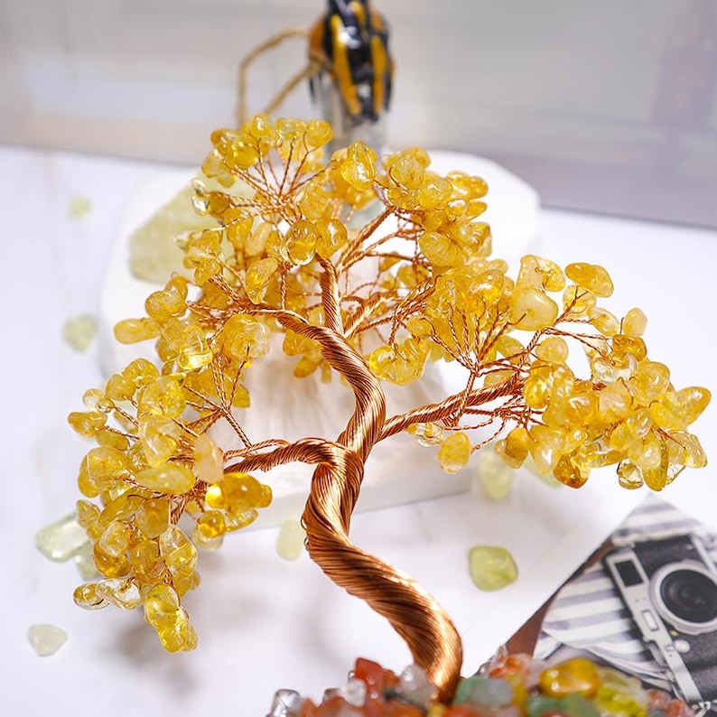 Citrine Crystal Tree on Agate Base: Gemstone Bonsai, Healing Crystals, 6.3"
