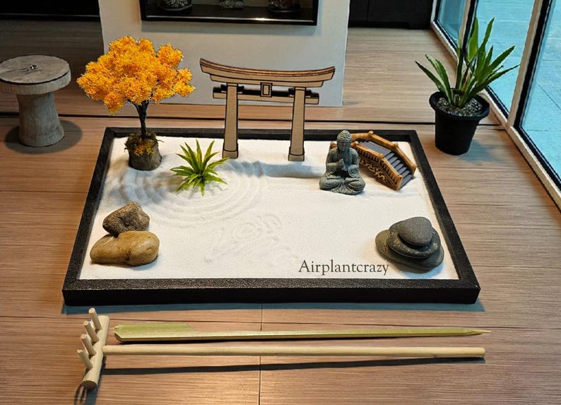 Desktop Zen Garden Kit: Handmade Miniature Meditation Garden with Buddha