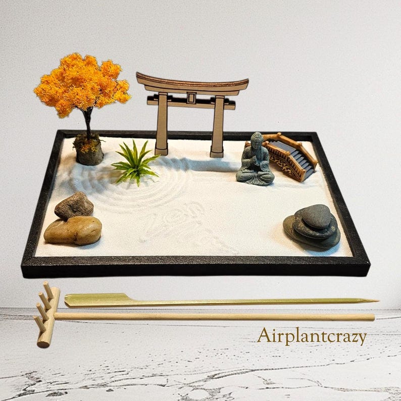 Desktop Zen Garden Kit: Handmade Miniature Meditation Garden with Buddha