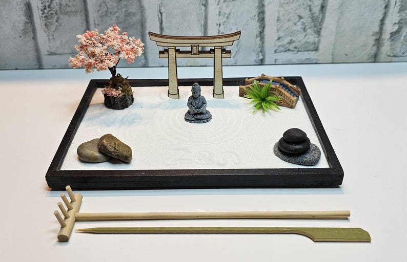 Desktop Zen Garden Kit: Handmade Miniature Meditation Garden with Buddha