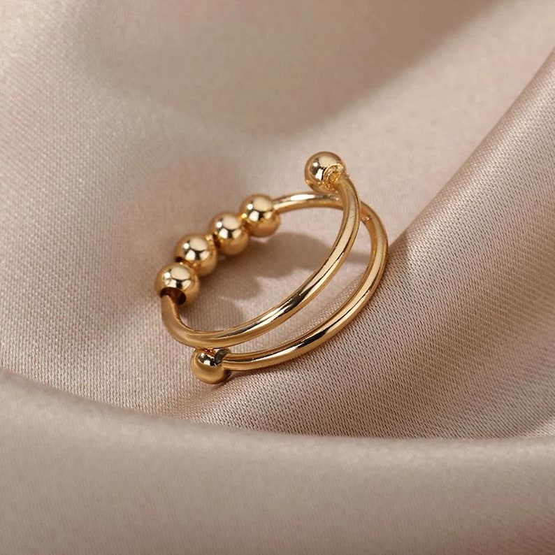 18K Rose Gold, Silver, Gold PVD Plated Stainless Steel Fidget Beads Adjustable Women Anxiety Ring Jewelry