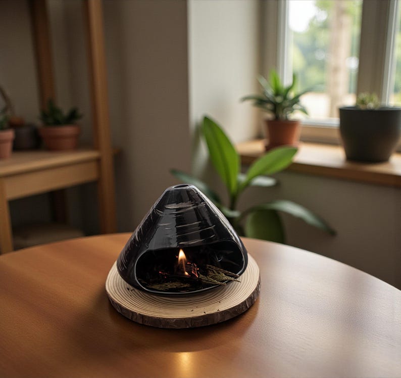 Black Fuji Incense Burner | Zen Ceramic Oil Diffuser with Wood Base