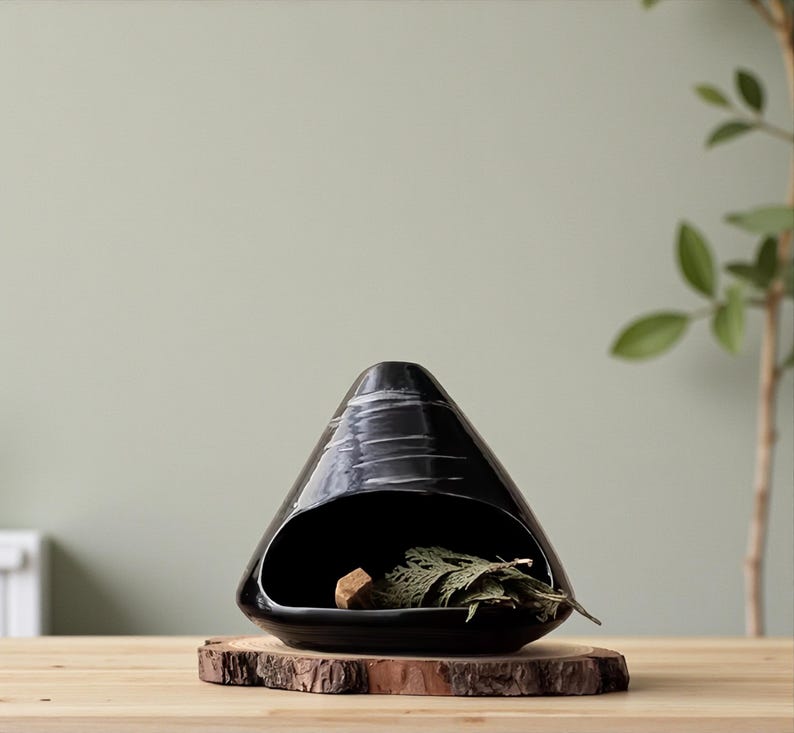 Black Fuji Incense Burner | Zen Ceramic Oil Diffuser with Wood Base