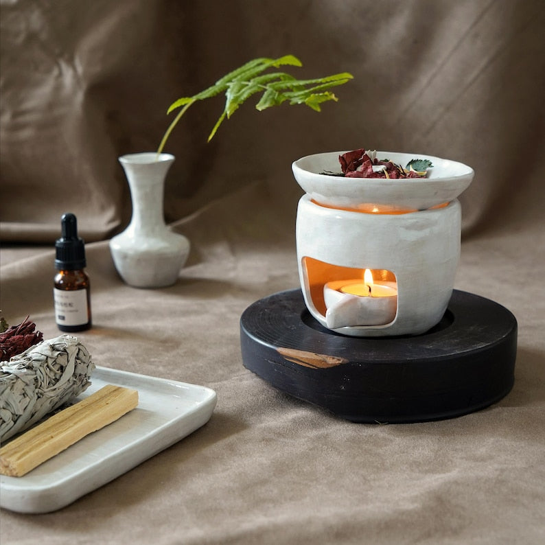 Handmade Wabi Sabi Tea Light Oil Burner, Ceramic Wax Melt Warmer Aromatherapy Diffuser