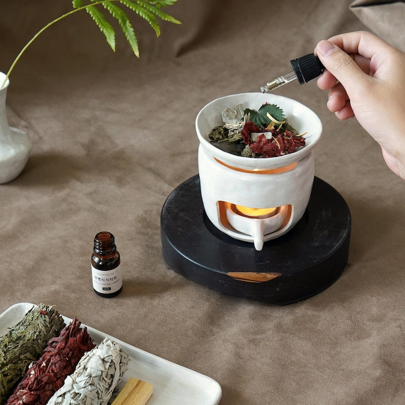 Handmade Wabi Sabi Tea Light Oil Burner, Ceramic Wax Melt Warmer Aromatherapy Diffuser