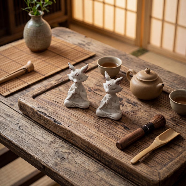 Zen Fox Tea Pet Handmade Zisha Clay Gongfu Tea Table Decor, Meditation Ornament