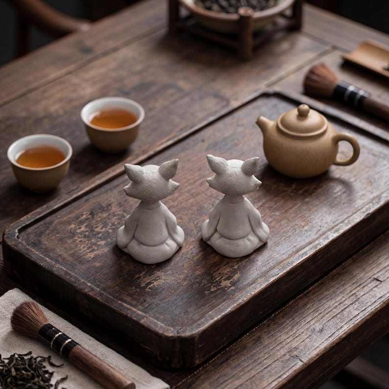 Zen Fox Tea Pet Handmade Zisha Clay Gongfu Tea Table Decor, Meditation Ornament