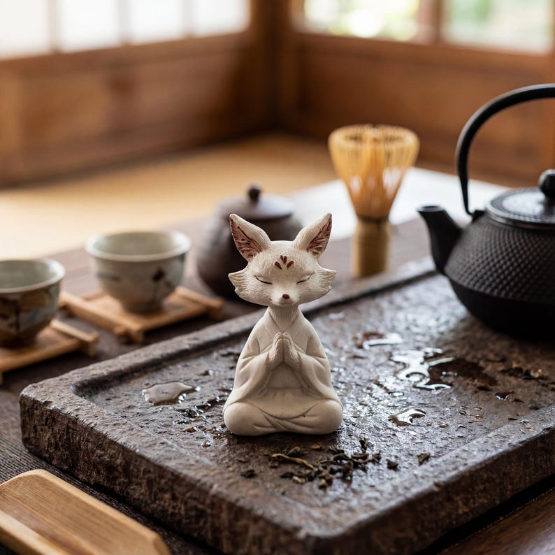 Zen Fox Tea Pet Handmade Zisha Clay Gongfu Tea Table Decor, Meditation Ornament