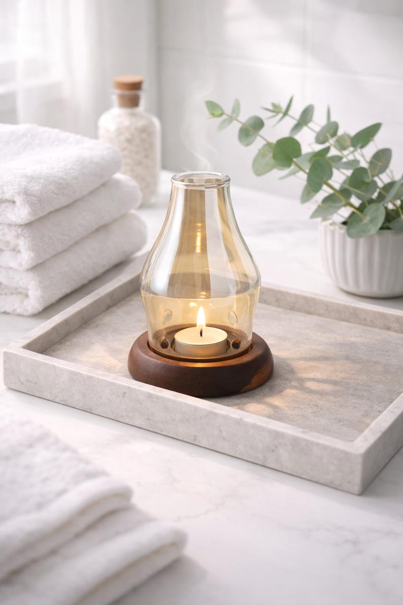 Glass aromatherapy lamp with wood base tealight oil and wax burner