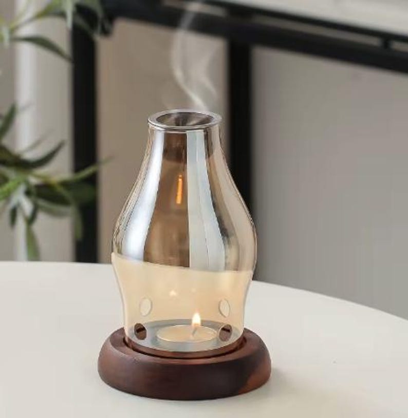 Glass aromatherapy lamp with wood base tealight oil and wax burner