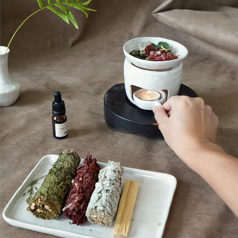 Handmade Wabi Sabi Tea Light Oil Burner, Ceramic Wax Melt Warmer Aromatherapy Diffuser