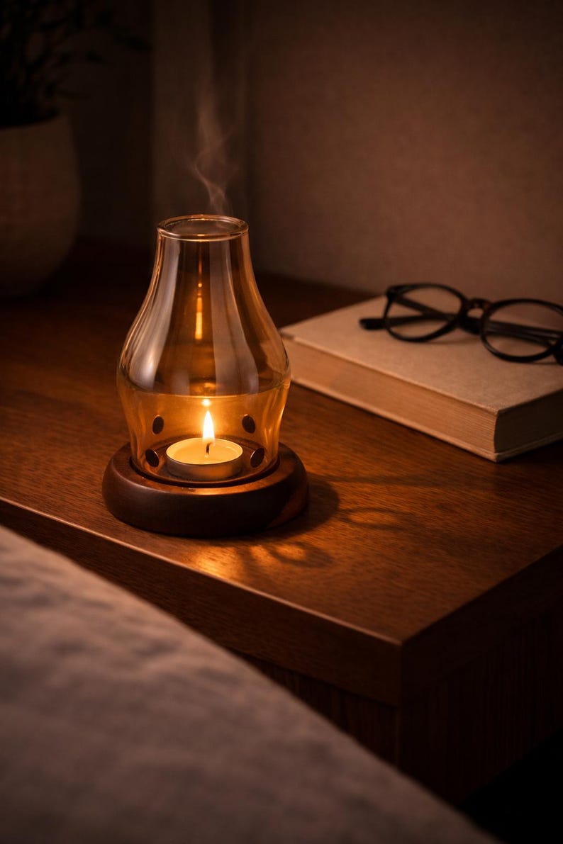 Glass aromatherapy lamp with wood base tealight oil and wax burner